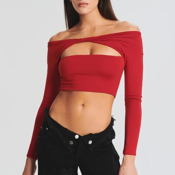 NWT SER.O.YA Ellis Cut Out Crop Top - Red Long Sleeve Twist Keyhole - Large - Picture 4 of 10